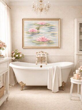 French Country Water Lily Print Impressionist Floral Wall Art Pink Pond Painting